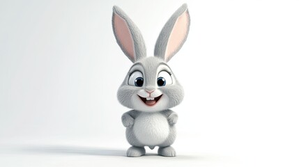 Obraz premium A cute cartoon rabbit with big ears and a playful expression, hopping on a white background for a minimalist look.