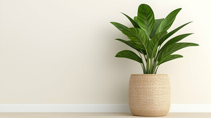 Fototapeta premium Green potted houseplant in a woven rattan basket stands on a wooden floor against a minimalist beige wall in bright natural light.