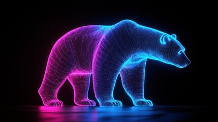 Neon Bear Walking, Dark Background, Digital Art, Stock Image