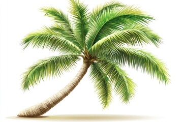 Tropical palm tree leaning, sunny beach background, travel poster