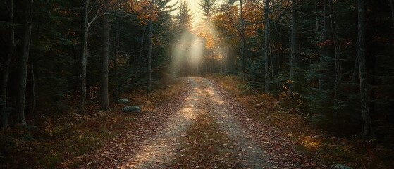 Fototapeta premium A serene autumn forest filled with trees in fiery hues of orange, red, and gold. Fallen leaves create a soft carpet over a winding path illuminated by the golden light of the setting sun. The 