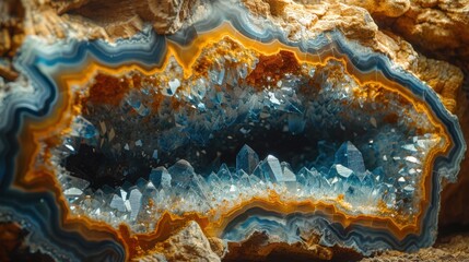 Stunning geode with vibrant blue crystals amid multicolored layers close-up