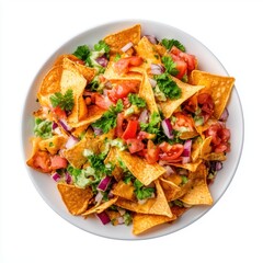 Colorful Delicious Nachos with Fresh Ingredients Topped with Cheese, Salsa, and Herbs for Appetizing Snack