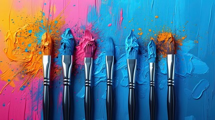 flat design, illustration, Inspiration Strikes An artist overcomes a creative block. Illustration: Paintbrushes, colorful splashes of paint