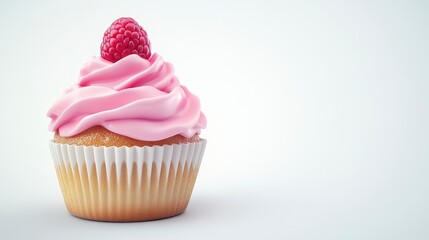 Delightful Cupcake with Raspberry and Pink Frosting on White Background