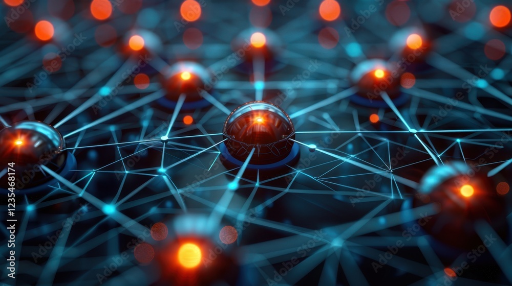 Poster futuristic neural network with glowing nodes and interconnected pathways