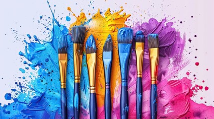 flat design, illustration, Inspiration Strikes An artist overcomes a creative block. Illustration: Paintbrushes, colorful splashes of paint