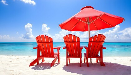 Tropical beach paradise, turquoise ocean, white sand, red beach umbrellas, red Adirondack chairs, palm trees, sunny sky, fluffy clouds, vibrant colors, relaxation, vacation, Caribbean atmosphere, idyl