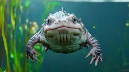 Fototapeta premium Curious Amphibian Swimming Underwater in Clear Freshwater Habitat