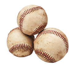Three Worn Baseballs Stacked on Each Other Isolated on White Background