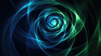 Naklejka premium Abstract 3D spiral with neon blue and green light trails, creating a hypnotic and futuristic visual effect on a dark backdrop.