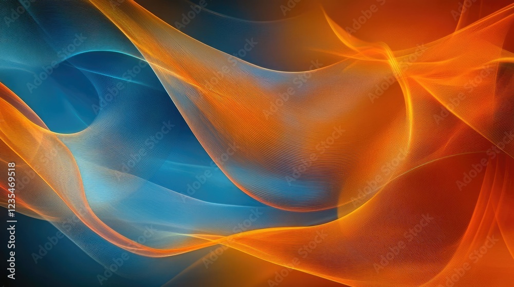 Fototapete abstract design of intersecting orange and blue waves, offering ample negative space for text overla