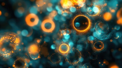 Fototapeta premium Abstract depiction of a futuristic digital network, showcasing dynamic glowing circles in blue and orange hues.