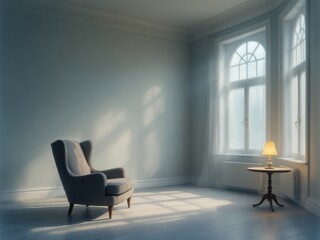 Elegant empty room with armchair and soft light through arched windows