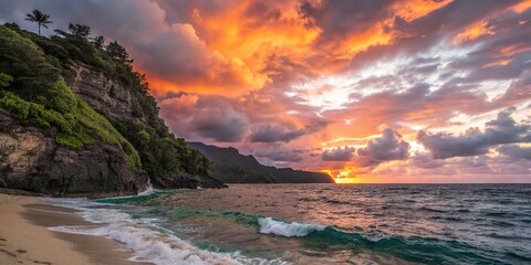 The image is a beautiful landscape photograph of a beach at sunset. The sky is filled with vibrant colors of orange, yellow, and blue, with the sun setting in the background.