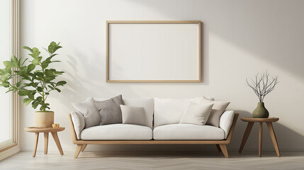 Empty frame on wall over sofa in living room as mockup template