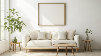 Empty frame on wall over sofa in living room as mockup template