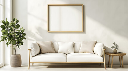 Fototapeta premium Empty frame on wall over sofa in living room as mockup template