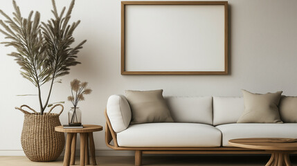 Empty frame on wall over sofa in living room as mockup template