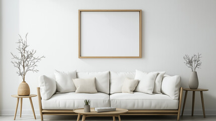Empty frame on wall over sofa in living room as mockup template
