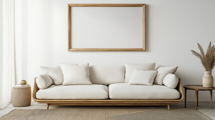 Empty frame on wall over sofa in living room as mockup template