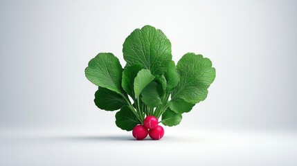 Vibrant Red Radishes with Lush Green Leaves on White Background