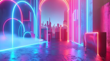 A 3D render of a neon-lit alleyway with a futuristic cityscape in the distance.