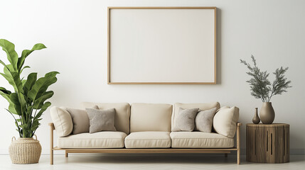 Empty frame on wall over sofa in living room as mockup template