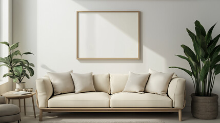 Empty frame on wall over sofa in living room as mockup template
