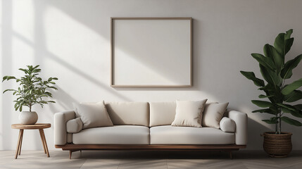 Empty frame on wall over sofa in living room as mockup template