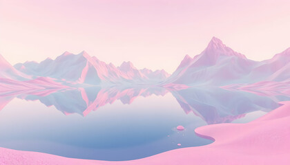 Fototapeta premium Serene pink landscape, tranquil mountain lake, pastel color palette, reflective water surface, misty atmosphere, dreamlike scenery, soft lighting, ethereal mood, minimalist composition, digital art st