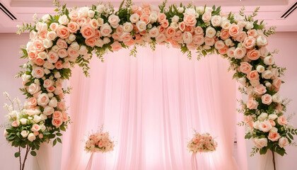 wedding stage decor, floral arch, pink roses, white roses, pastel color scheme, elegant backdrop, romantic setting, soft lighting, tulle draping, wedding flowers, event design, luxurious setup, indoor