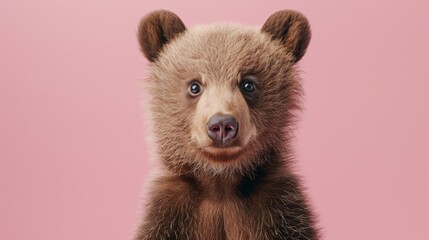 Obraz premium A baby bear with brown fur and big black eyes is looking at the camera on a pink background.