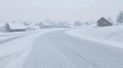 Snowy road curving through village, winter landscape