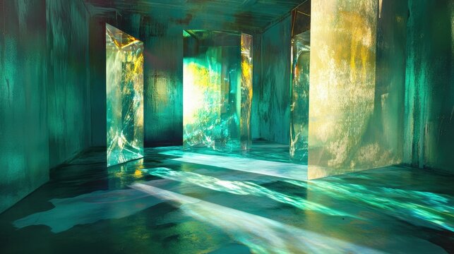 Abstract studio room in turquoise and emerald green with diagonal light and dreamy crystal caustics reflections, creating a surreal look.