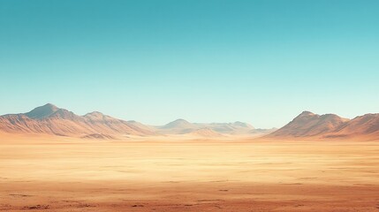 Naklejka premium Vast desert landscape stretches under a clear blue sky Warm light bathes the gently rising mountains. AI Generated