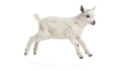 Obraz premium Adorable White Baby Goat Kid Leaping in Mid Air Isolated on White Background