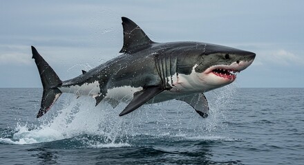 Fototapeta premium Great White Shark Breaching Ocean Surface Dramatic Wildlife Action Shot