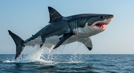Fototapeta premium Majestic Great White Shark Leaping from Ocean Waters Breathtaking Wildlife Scene