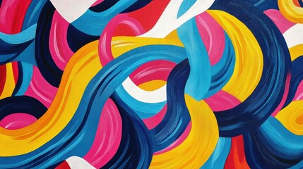 Artistic flowing lines in vibrant blue, yellow, red, and pink tones, forming a bold and energetic design.