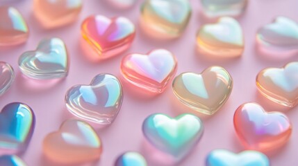 Pastel iridescent hearts scattered on pink background; Valentine's Day card design