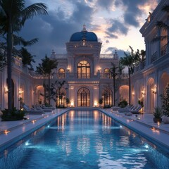 Fototapeta premium A luxurious evening scene featuring a grand mansion with a blue dome, illuminated by ambient lights, surrounded by palm trees and a tranquil pool.