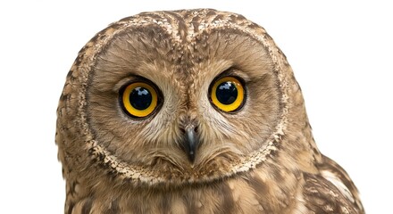 Obraz premium Majestic Brown Owl Portrait Close up of a Wild Bird with Bright Yellow Eyes on White Background