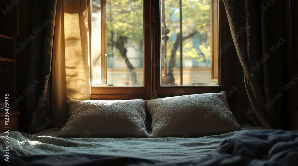 Poster sunlit bedroom with an inviting bed and view through a window.