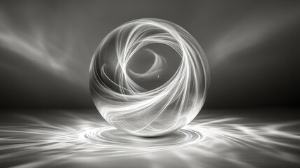 A glass globe with a radiant swirling filament, floating in a monochrome background, sharp focus