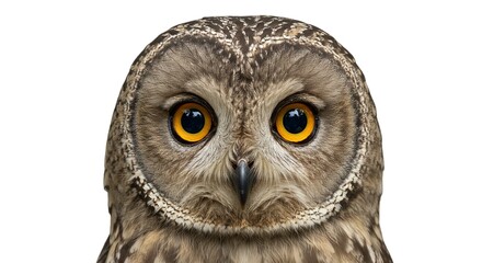 Obraz premium Majestic Owl Portrait Close up of a Brown Owl with Bright Yellow Eyes on White Background