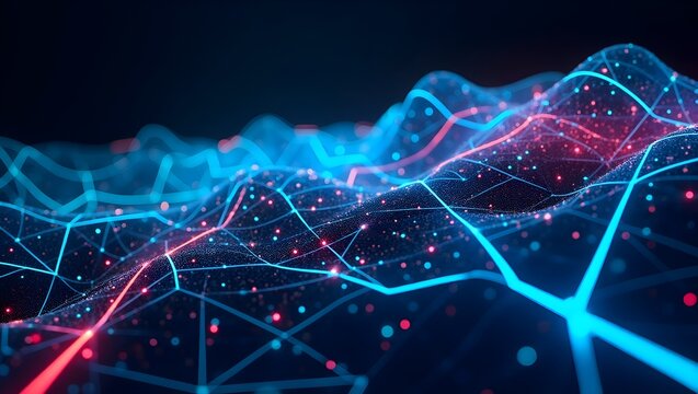 Dynamic, high-tech digital patterns with glowing lines, grids, and neon accents