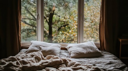 Cozy bedroom with unmade bed, linen sheets, and autumnal view from window.