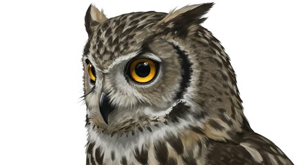 Fototapeta premium Majestic Owl Portrait Close up of a Brown and Grey Owl with Bright Yellow Eyes