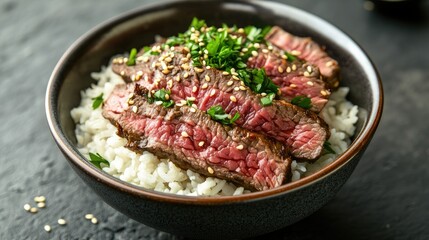 Delicious Bowl of Rice topped with Tender Slices of Steak and Greens